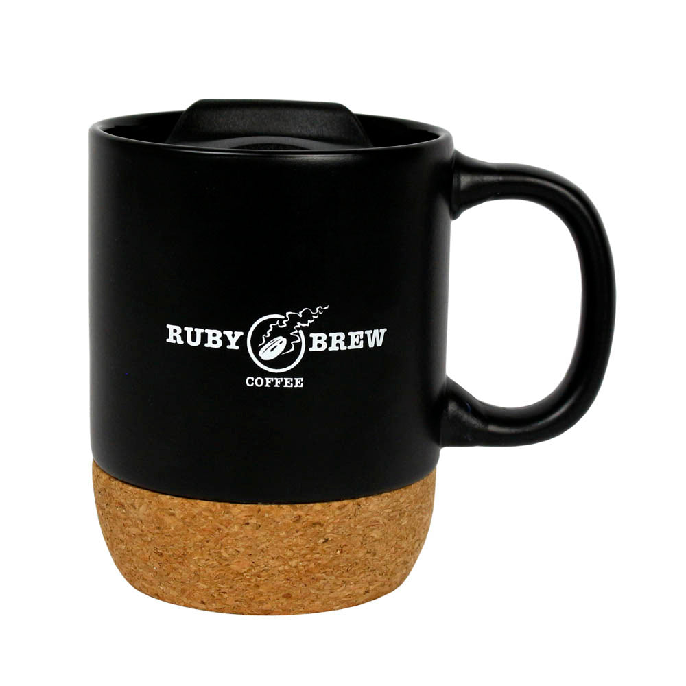 Ruby Brew Black Cork Bottom Ceramic Modern Coffee Mug with Splash Proof Lid 12 oz