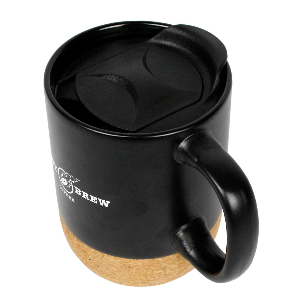 Ruby Brew Black Cork Bottom Ceramic Modern Coffee Mug with Splash Proof Lid 12 oz